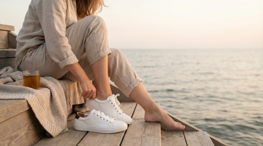Estilo de vida NINOOX: persona sentada en escalones de madera junto al agua calzando zapatilla blanca, momento de relax