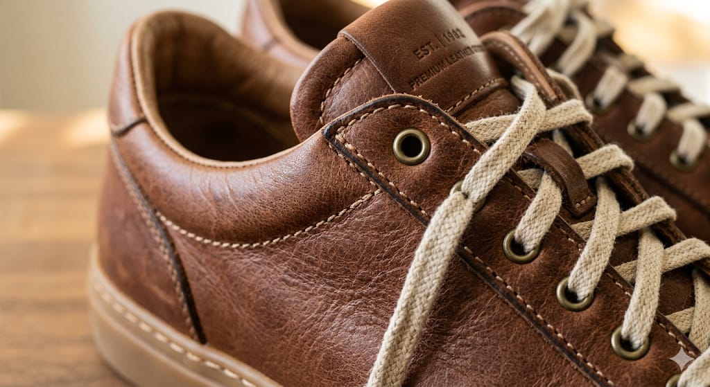 Detalle de unas zapatillas de piel marrón con cordones de algodón y costura vista